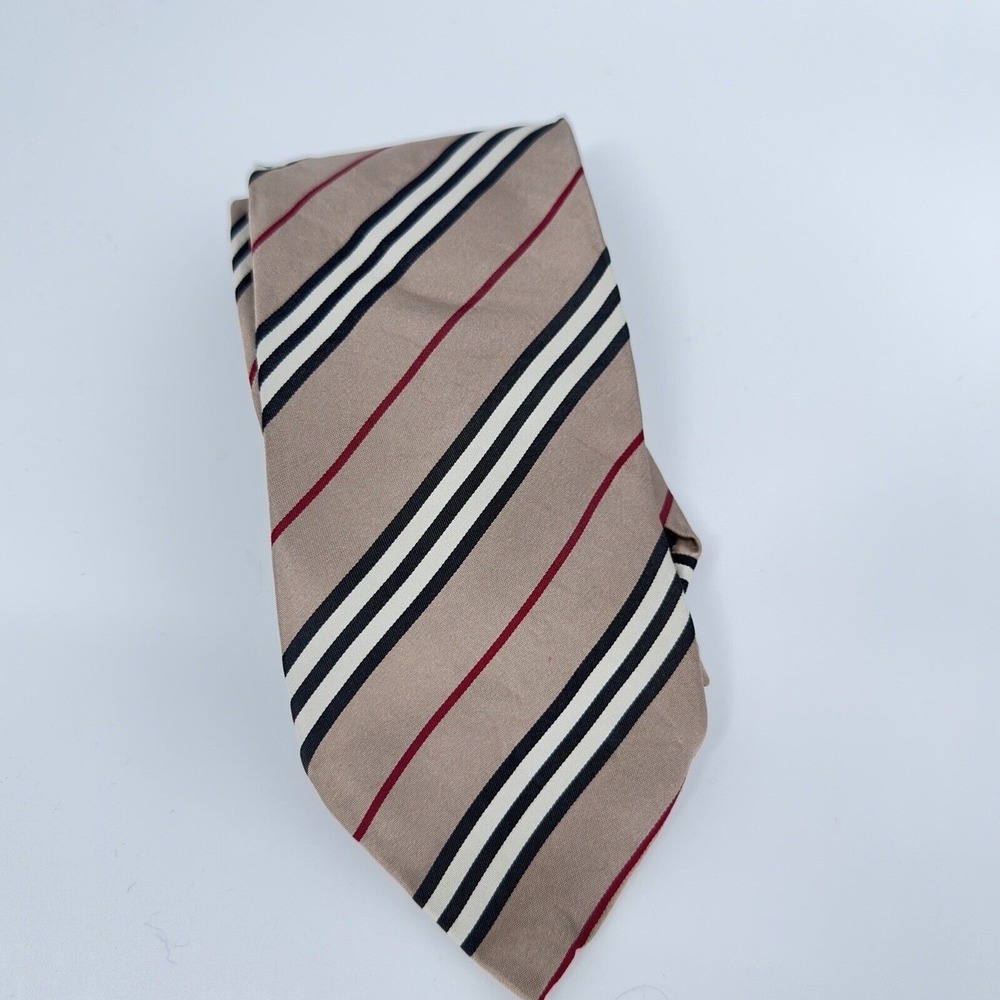 BURBERRY Necktie of LONDON 100% Silk, Beige Striped  Luxury Tie